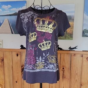 Austin Clothing Co. Black Tee with Gold Crowns and Pink Floral
